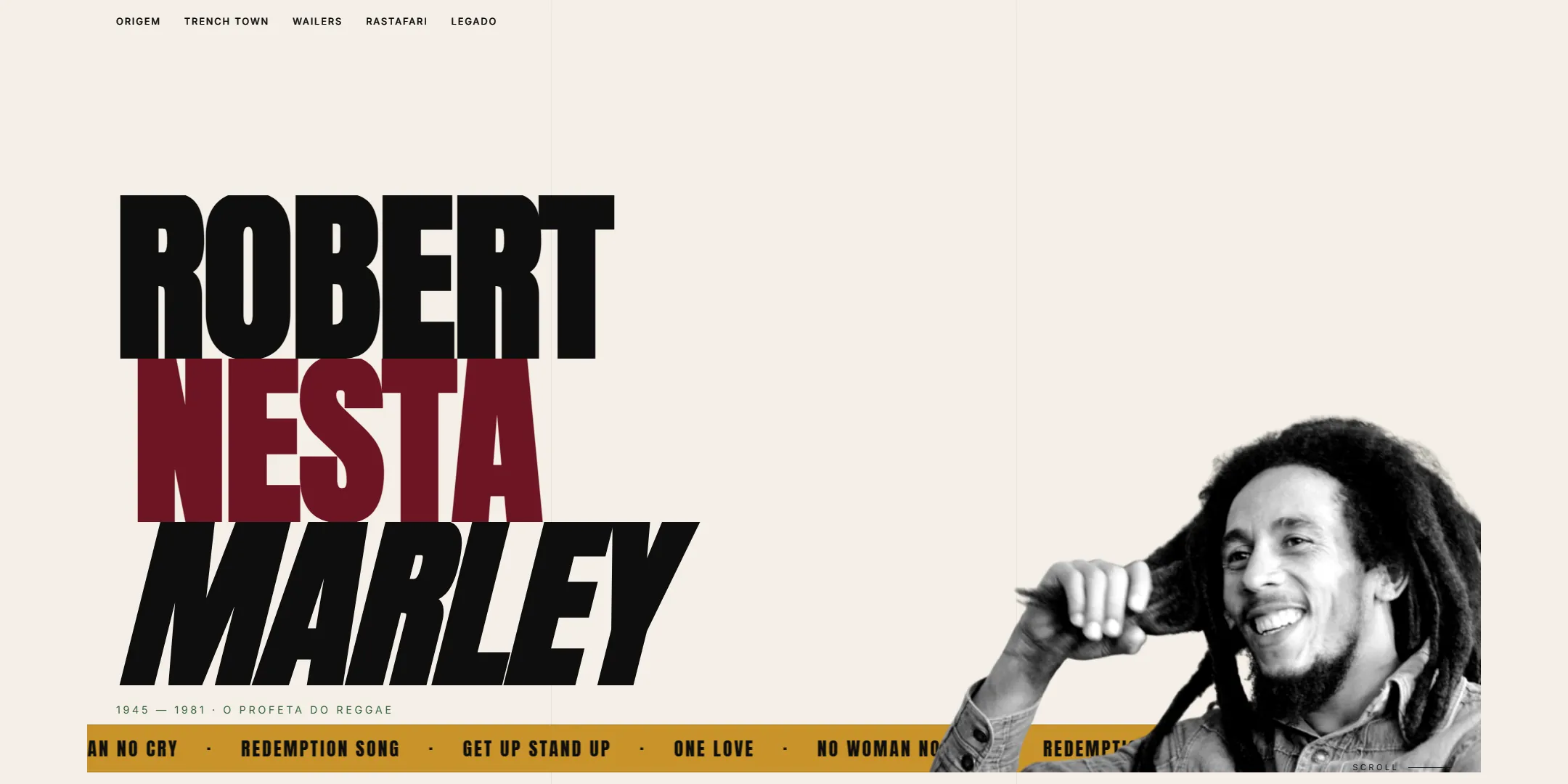 Abertura do site One Love, sobre a vida de Bob Marley